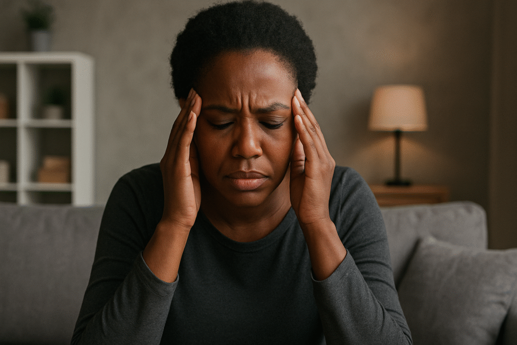 A black woman seated holding her head in her living room who is in distress because of her trials in life.