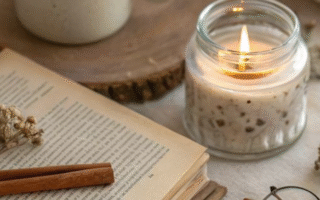 a book, a candle light, a cup of coffee, autumn vibe