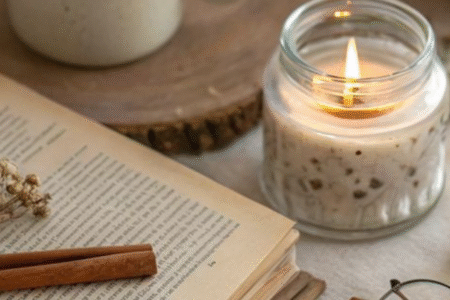 a book, a candle light, a cup of coffee, autumn vibe