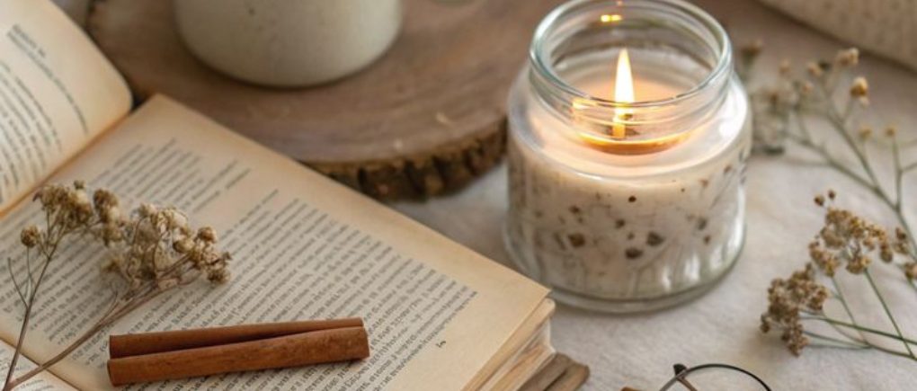 a book, a candle light, a cup of coffee, autumn vibe