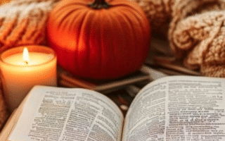 A open book, a candle, pumpkin, a cosy blanket, autumn vibe