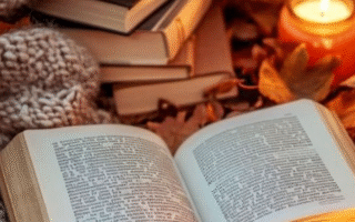 A book with a candle besides it , a fluffy blanket with a stack of books