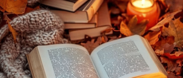 A book with a candle besides it , a fluffy blanket with a stack of books