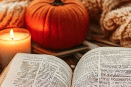 A open book, a candle, pumpkin, a cosy blanket, autumn vibe