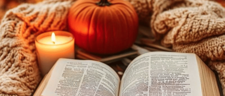 A open book, a candle, pumpkin, a cosy blanket, autumn vibe