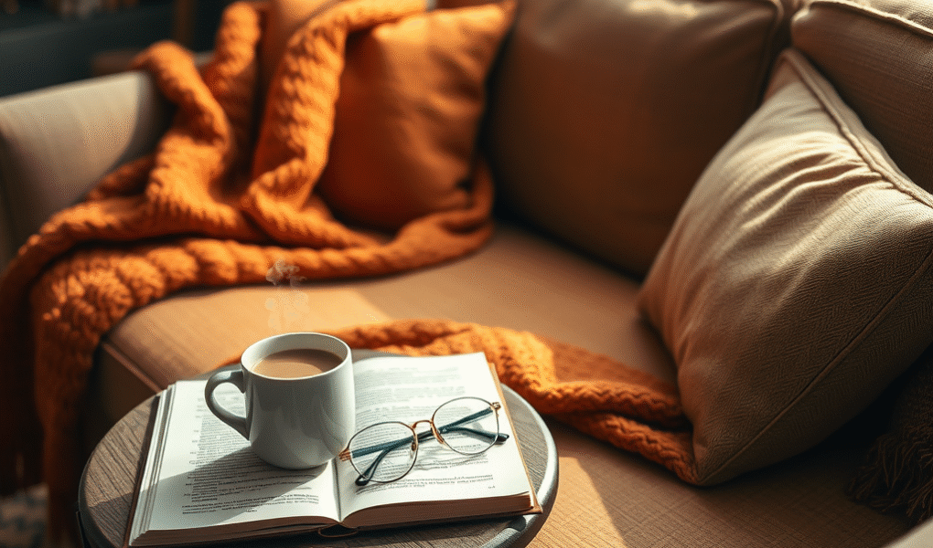 A book on top of a coach with glasses, cup of tea and a cosy blanket