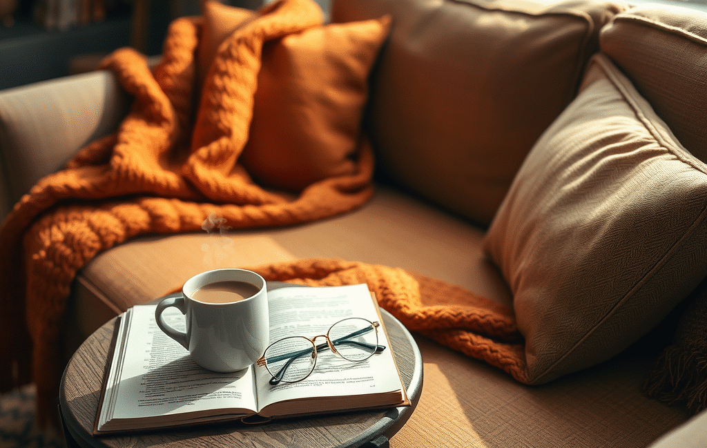 A book on top of a coach with glasses, cup of tea and a cosy blanket