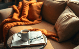 A book on top of a coach with glasses, cup of tea and a cosy blanket