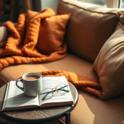 A book on top of a coach with glasses, cup of tea and a cosy blanket