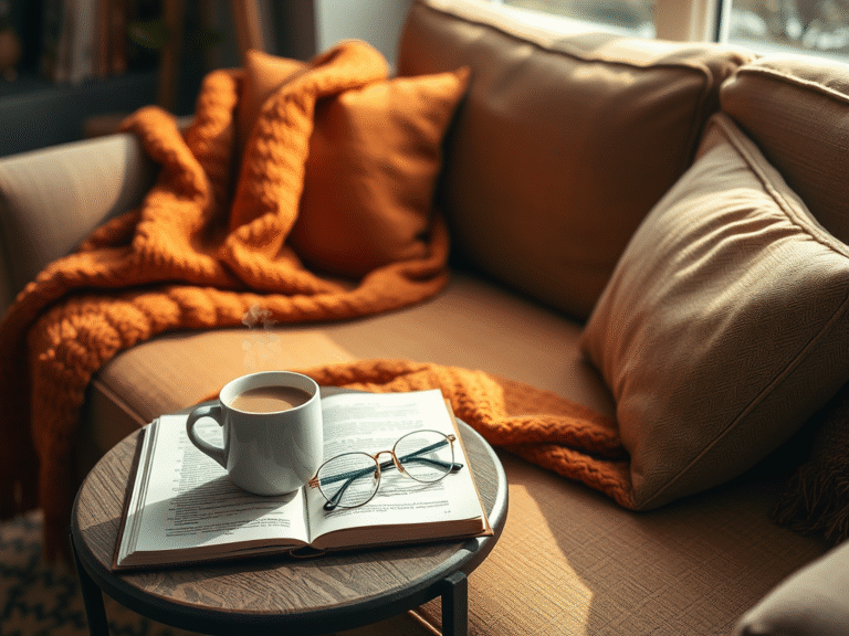A book on top of a coach with glasses, cup of tea and a cosy blanket