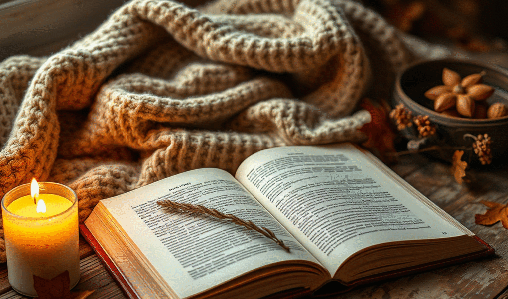 book with a candle and a fleece blanket