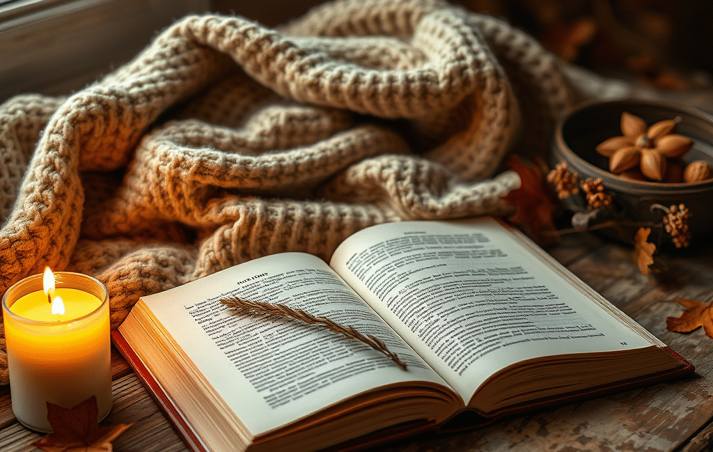 book with a candle and a fleece blanket