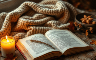 book with a candle and a fleece blanket