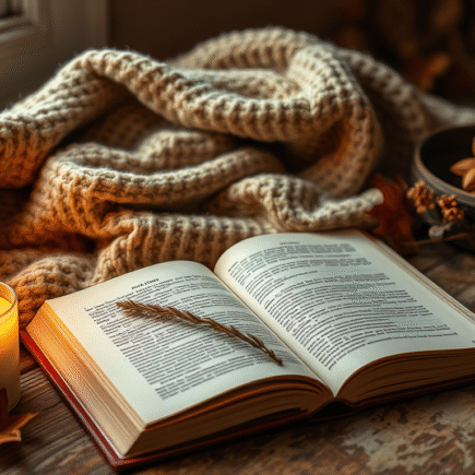 book with a candle and a fleece blanket