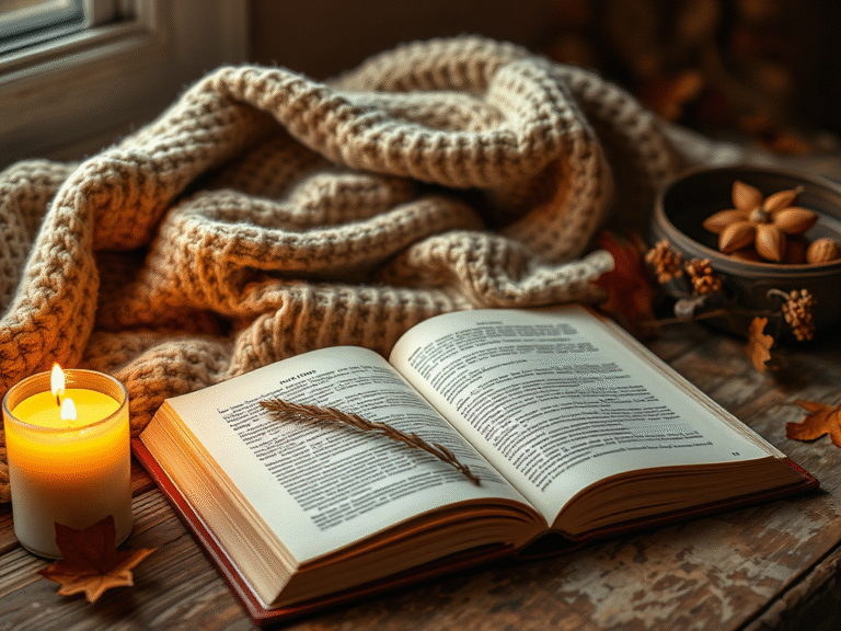 book with a candle and a fleece blanket