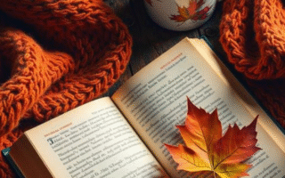 An orange fleece blanket, a book with an autumn leave on top