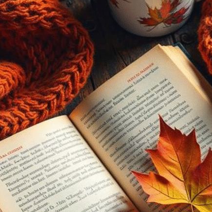 An orange fleece blanket, a book with an autumn leave on top