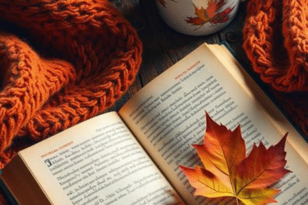 An orange fleece blanket, a book with an autumn leave on top