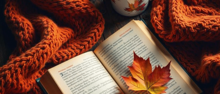 An orange fleece blanket, a book with an autumn leave on top