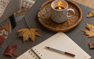 a cup of coffee and a book with autumn leaves