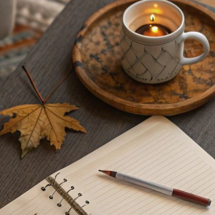 a cup of coffee and a book with autumn leaves