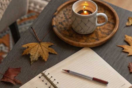 a cup of coffee and a book with autumn leaves
