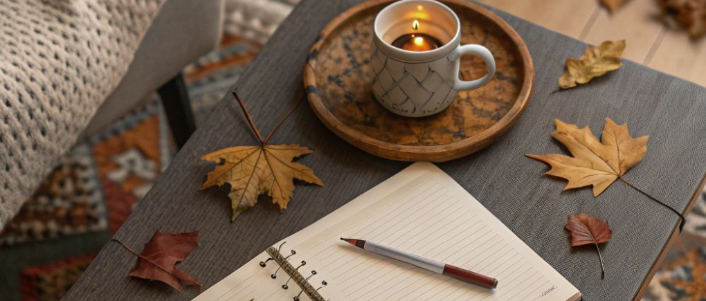 a cup of coffee and a book with autumn leaves
